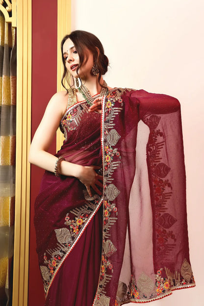 Enchanted Sparkle  Shimmer Chiffon Sarees -A-SAREE D18-Purple