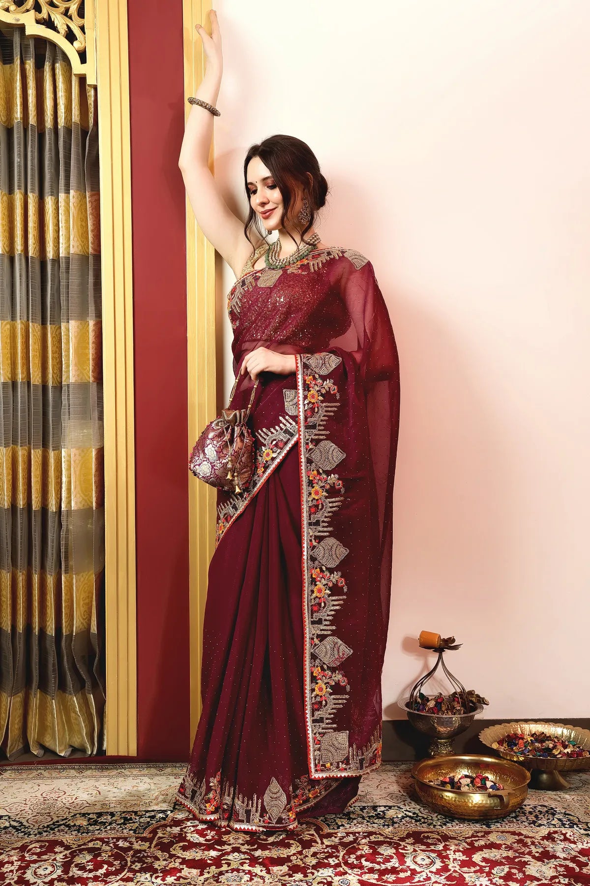 Enchanted Sparkle  Shimmer Chiffon Sarees -A-SAREE D18-Purple