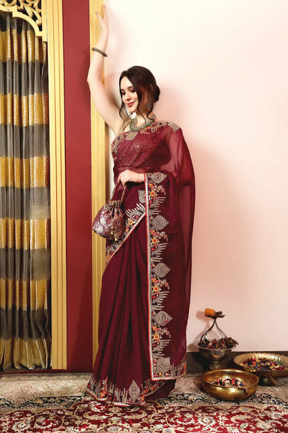Enchanted Sparkle  Shimmer Chiffon Sarees -A-SAREE D18-Purple