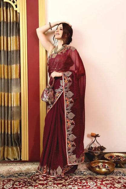 Enchanted Sparkle  Shimmer Chiffon Sarees -A-SAREE D18-Purple