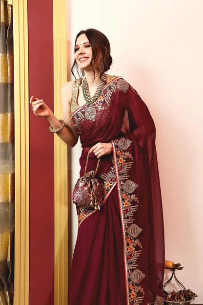 Enchanted Sparkle  Shimmer Chiffon Sarees -A-SAREE D18-Purple