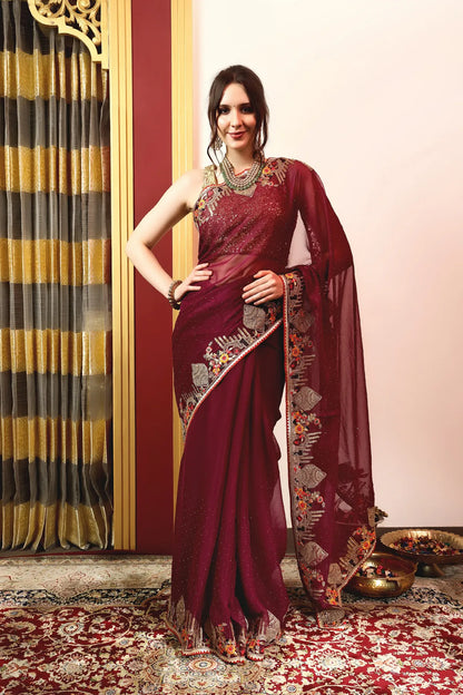 Enchanted Sparkle  Shimmer Chiffon Sarees -A-SAREE D18-Purple