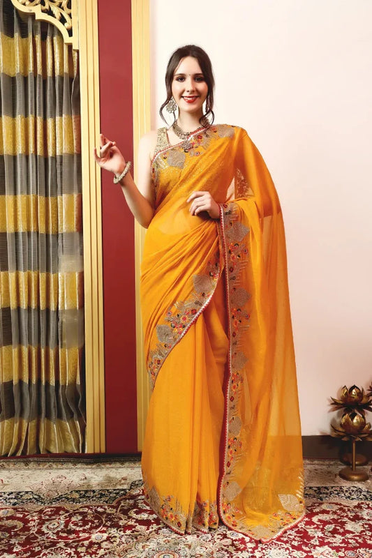 Enchanted Sparkle  Shimmer Chiffon Sarees -A-SAREE D18-YELLOW
