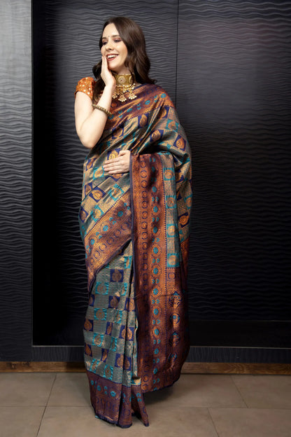 Glimmering Threads: Exquisite Silk Sarees for Women's (A SAREE D2-BLUE)