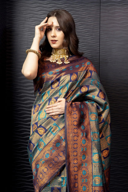 Glimmering Threads: Exquisite Silk Sarees for Women's (A SAREE D2-BLUE)
