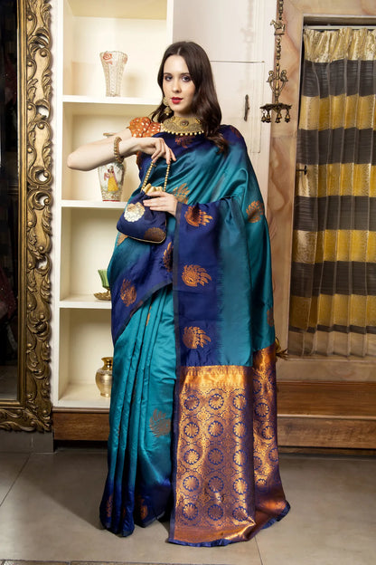 Glimmering Threads: Exquisite Silk Sarees for Women's (A SAREE D3-BLUE &amp; SEA BLUE)