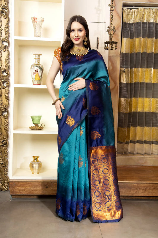 Glimmering Threads: Exquisite Silk Sarees for Women's (A SAREE D3-BLUE &amp; SEA BLUE)