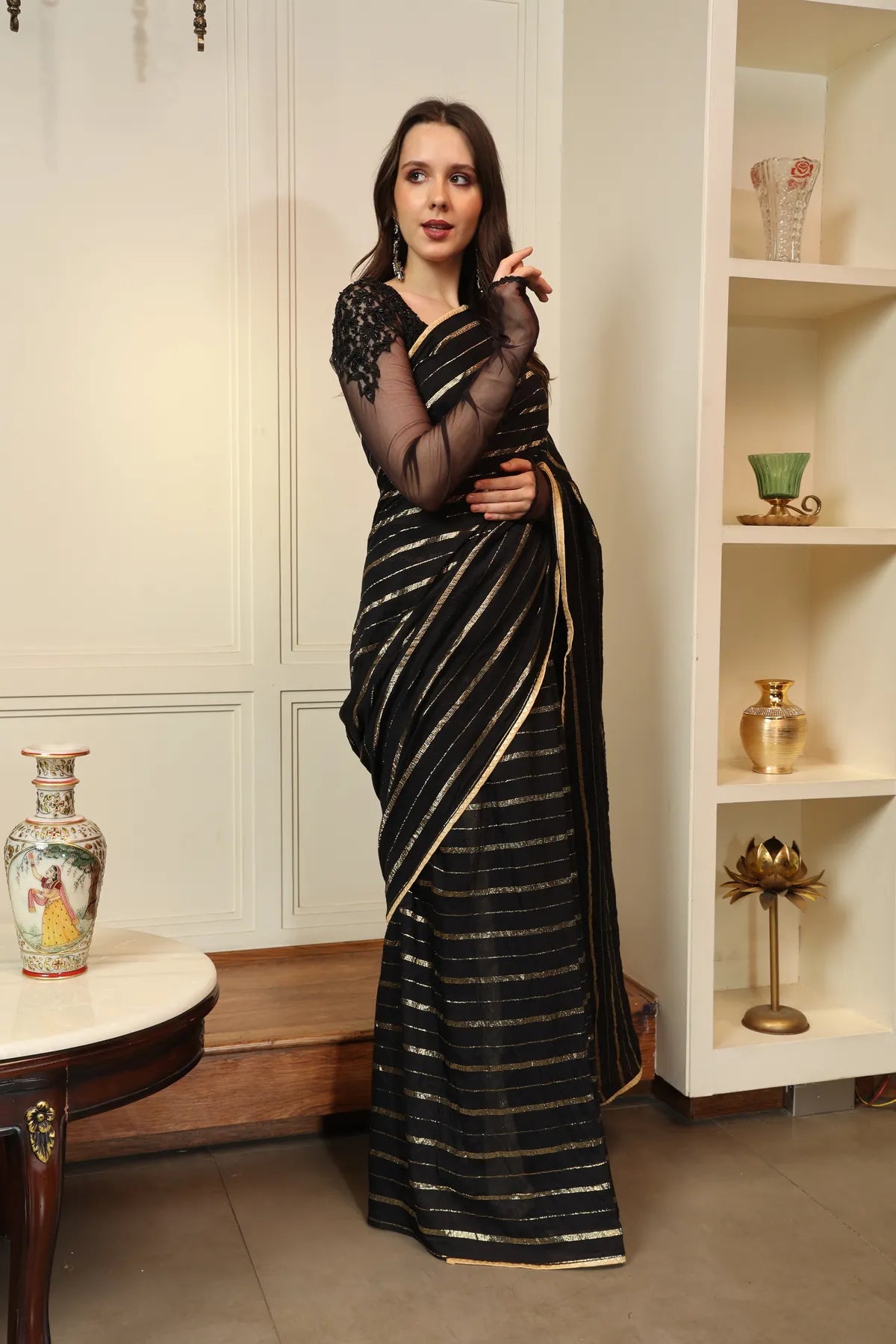 Glimmering Threads: Exquisite Silk Sarees for Women's (A SAREE D6-BLACK)