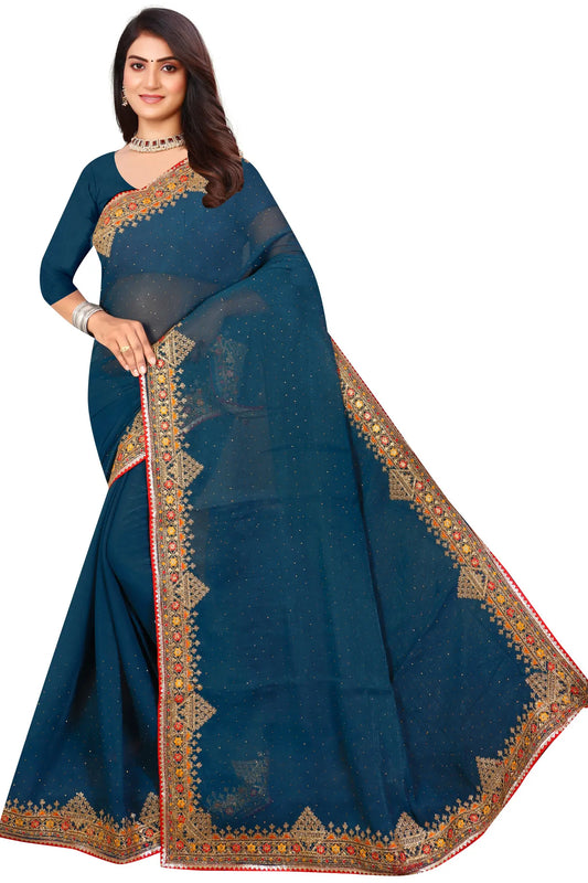 Enchanted Sparkle  Shimmer Chiffon Sarees D11-Blue