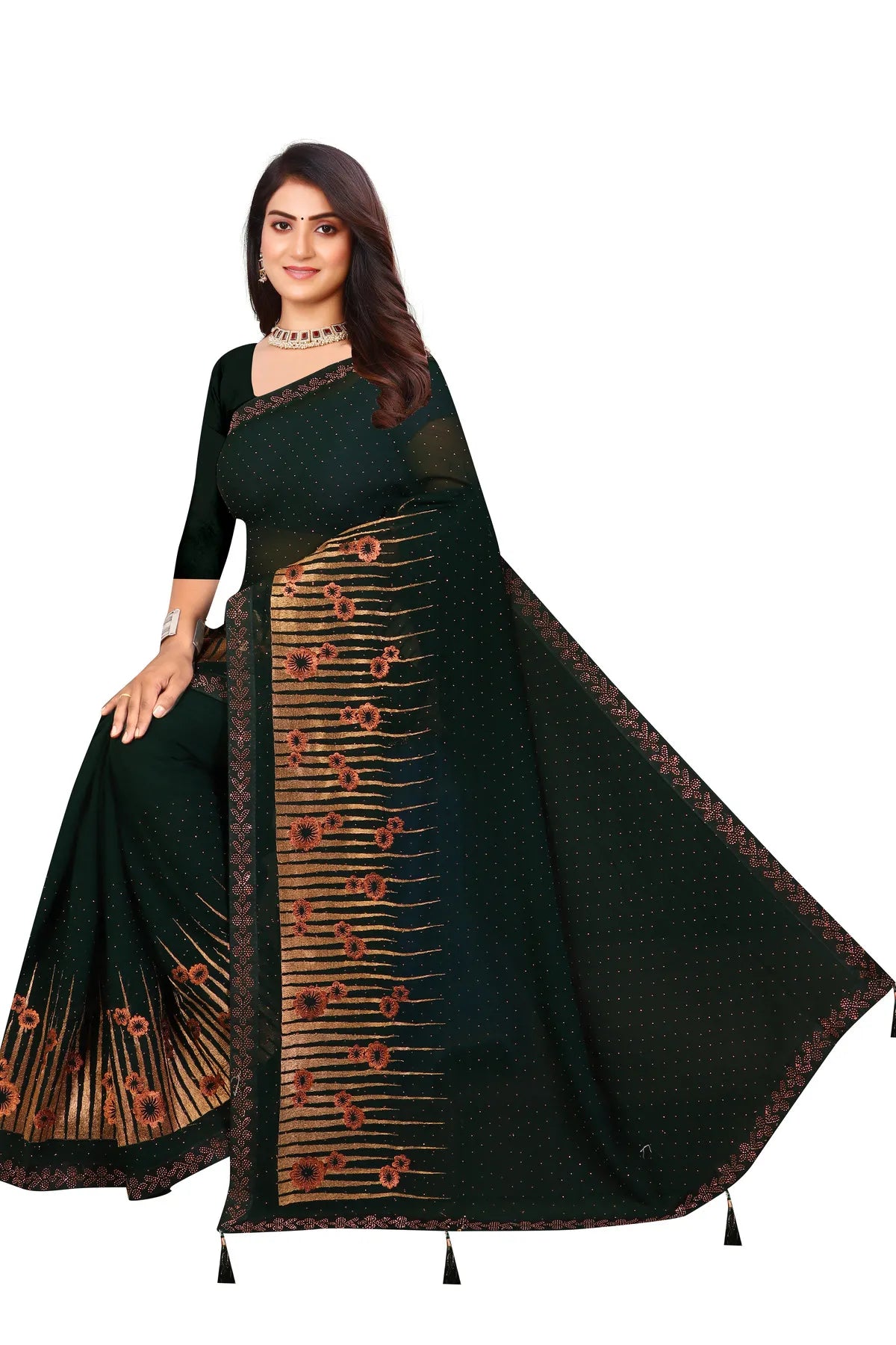 Enchanted Sparkle  Shimmer Chiffon Sarees D12-Green