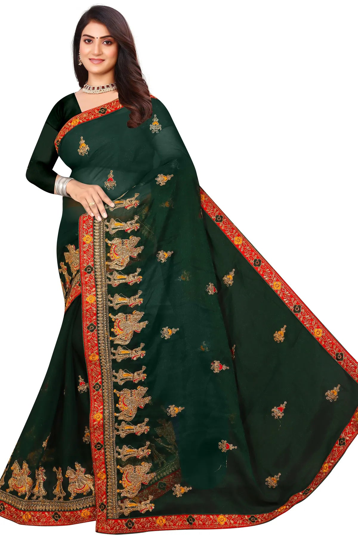 Enchanted Sparkle  Shimmer Chiffon Sarees D13-Green