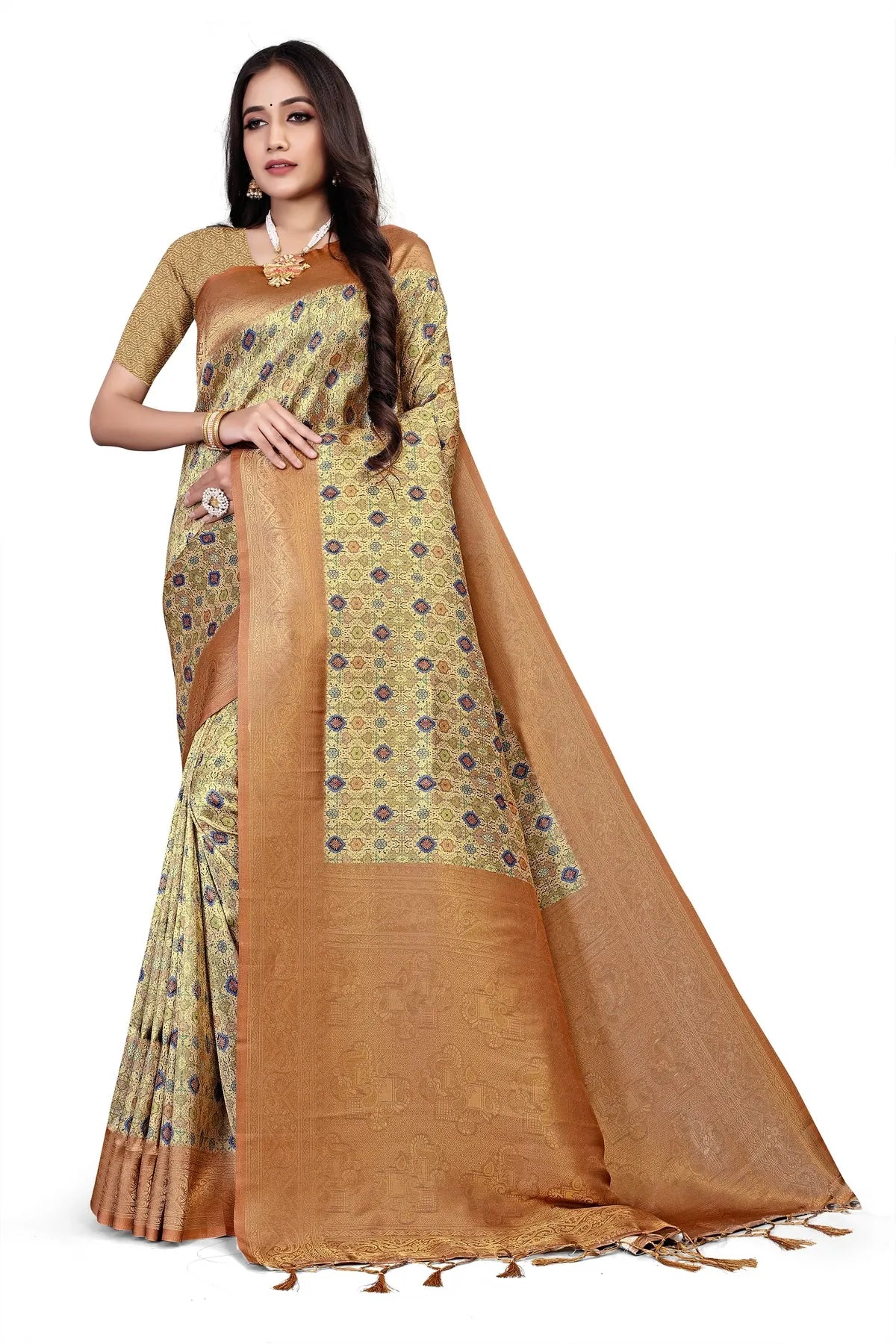 Glimmering Threads: Exquisite Silk Sarees for Women's (SAREE D1-TAN)