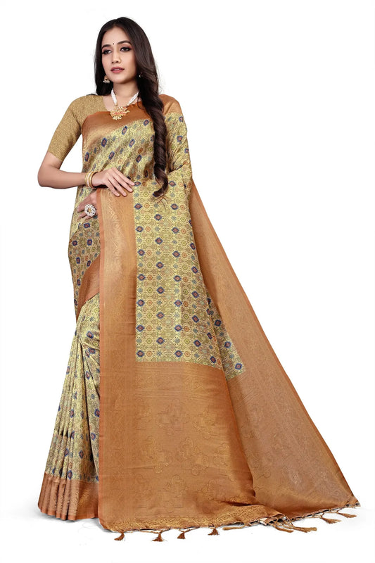 Glimmering Threads: Exquisite Silk Sarees for Women's (SAREE D1-TAN)