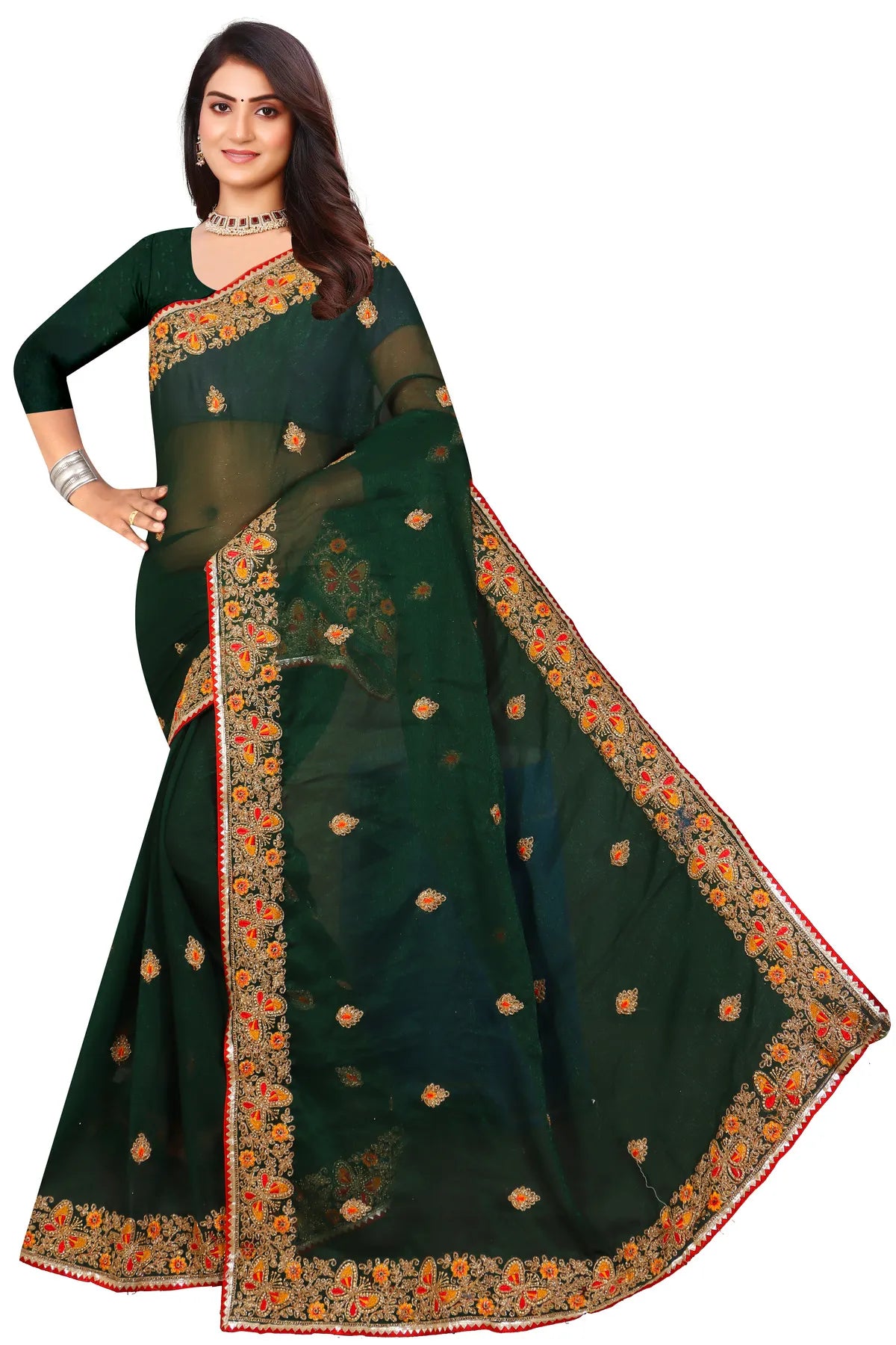 Enchanted Sparkle  Shimmer Chiffon Sarees SAREE D10-Green