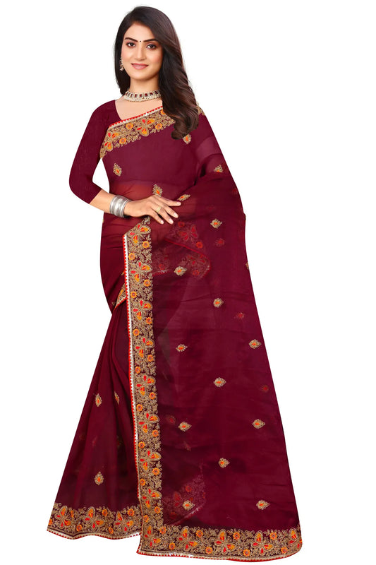 Enchanted Sparkle  Shimmer Chiffon Sarees SAREE D10-Purple