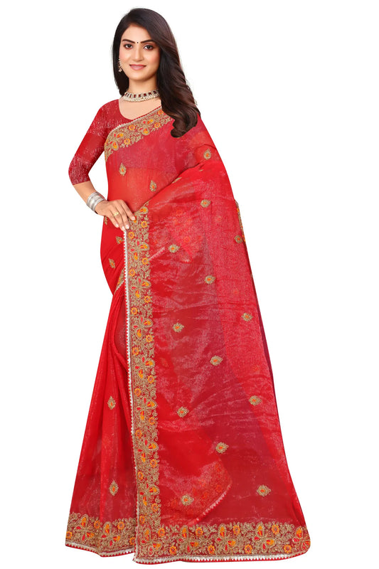 Enchanted Sparkle  Shimmer Chiffon Sarees SAREE D10-Red