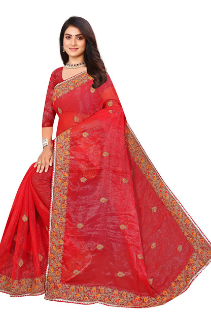 Enchanted Sparkle  Shimmer Chiffon Sarees SAREE D10-Red