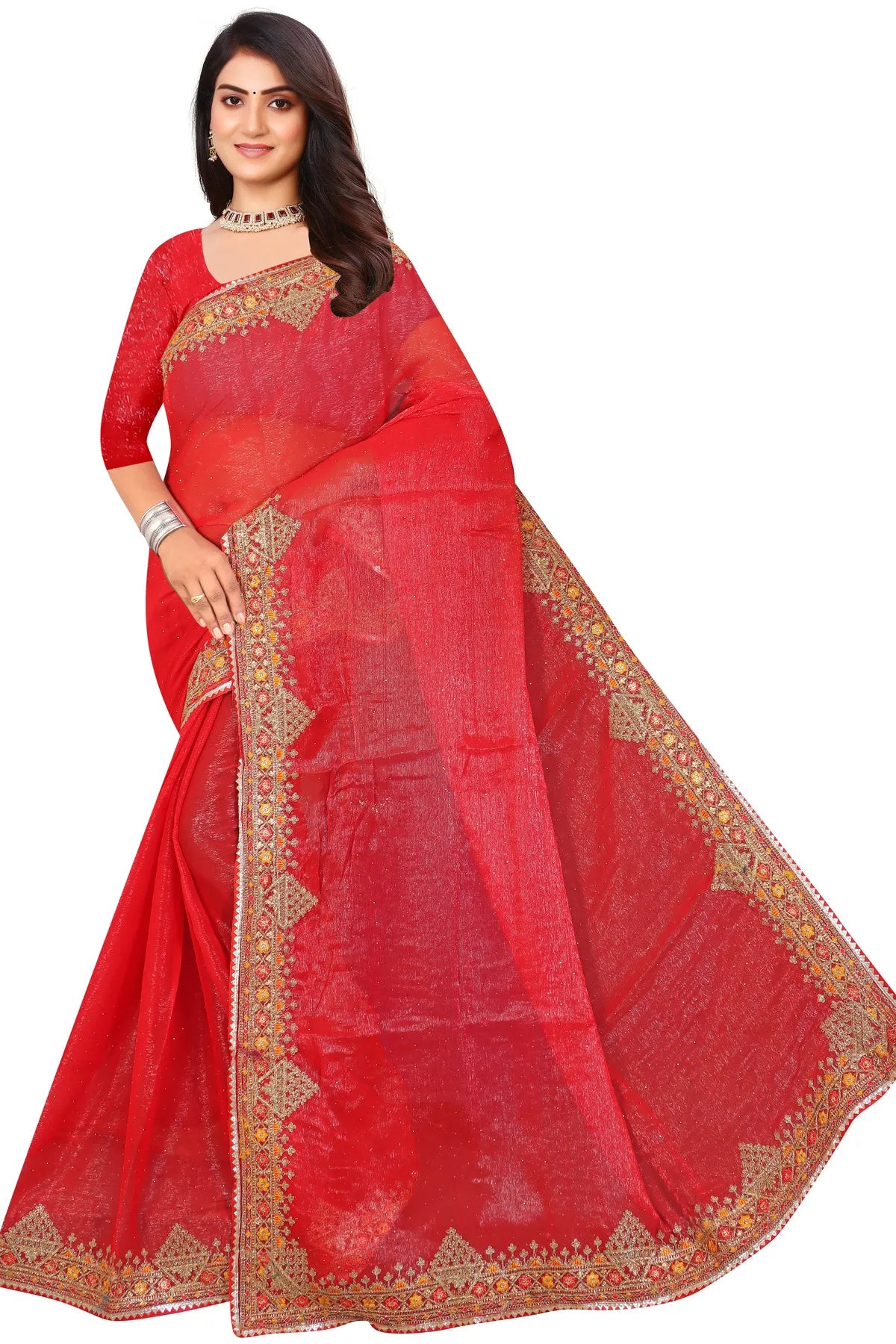 Enchanted Sparkle  Shimmer Chiffon Sarees D11-Red