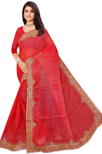 Enchanted Sparkle  Shimmer Chiffon Sarees D11-Red