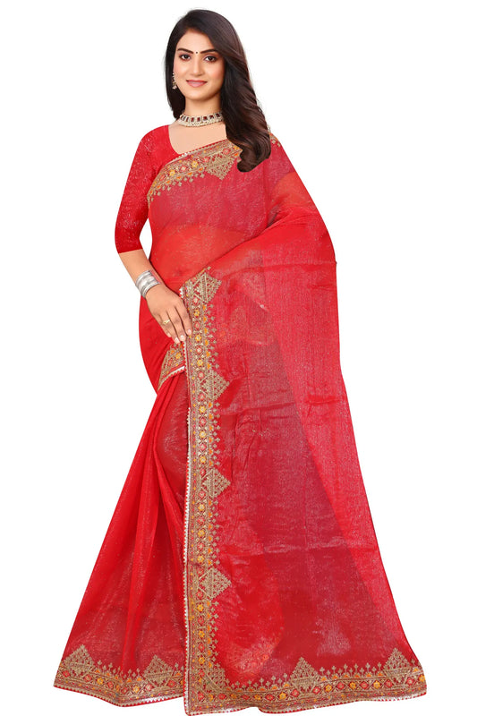 Enchanted Sparkle  Shimmer Chiffon Sarees D11-Red