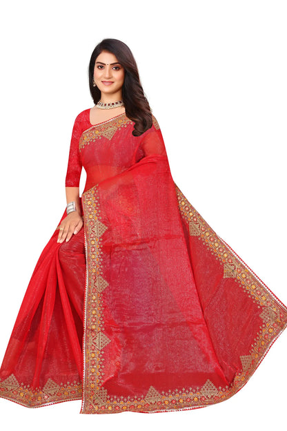 Enchanted Sparkle  Shimmer Chiffon Sarees D11-Red