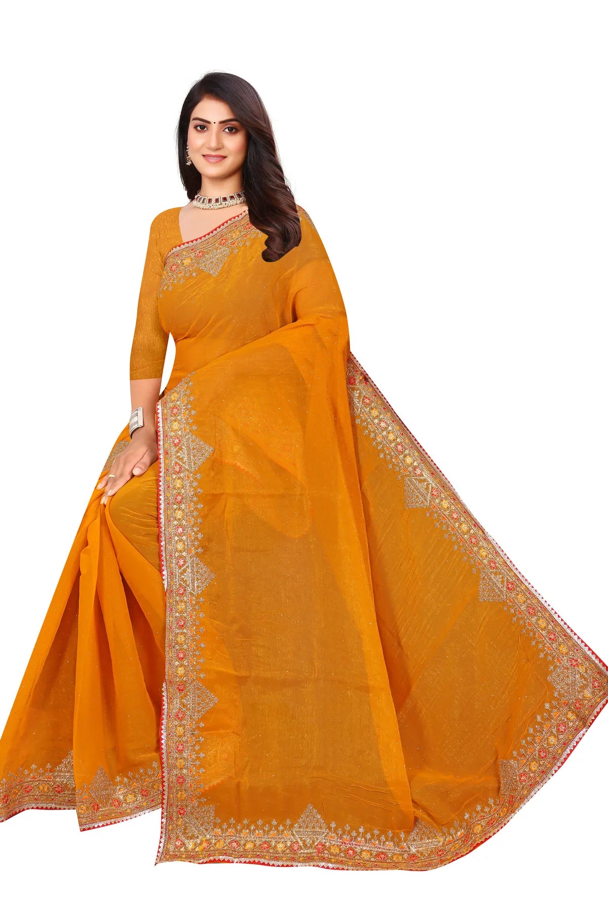 Enchanted Sparkle  Shimmer Chiffon Sarees D11-Yellow