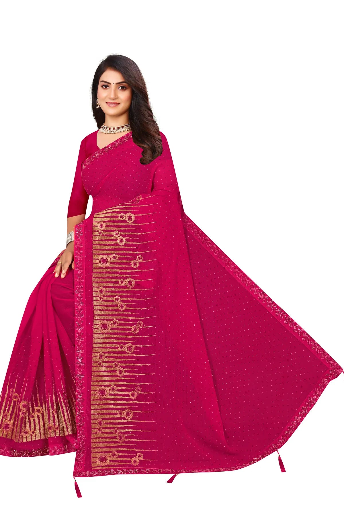 Enchanted Sparkle  Shimmer Chiffon Sarees D12-Pink