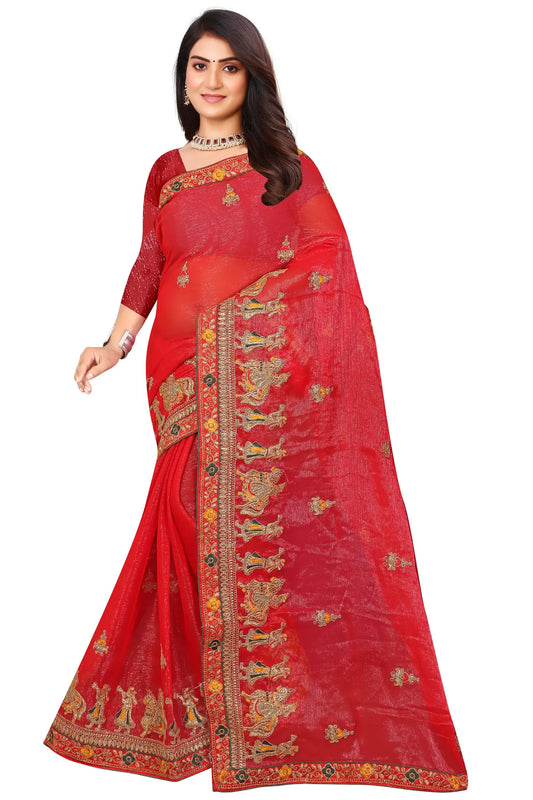 Enchanted Sparkle  Shimmer Chiffon Sarees D13-Red