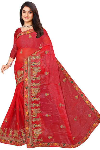 Enchanted Sparkle  Shimmer Chiffon Sarees D13-Red