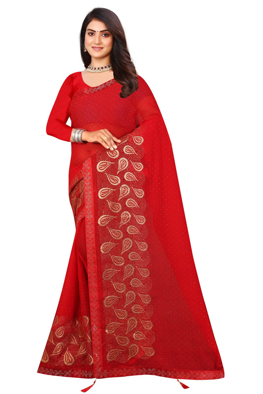 Enchanted Sparkle  Shimmer Chiffon Sarees D15-Red
