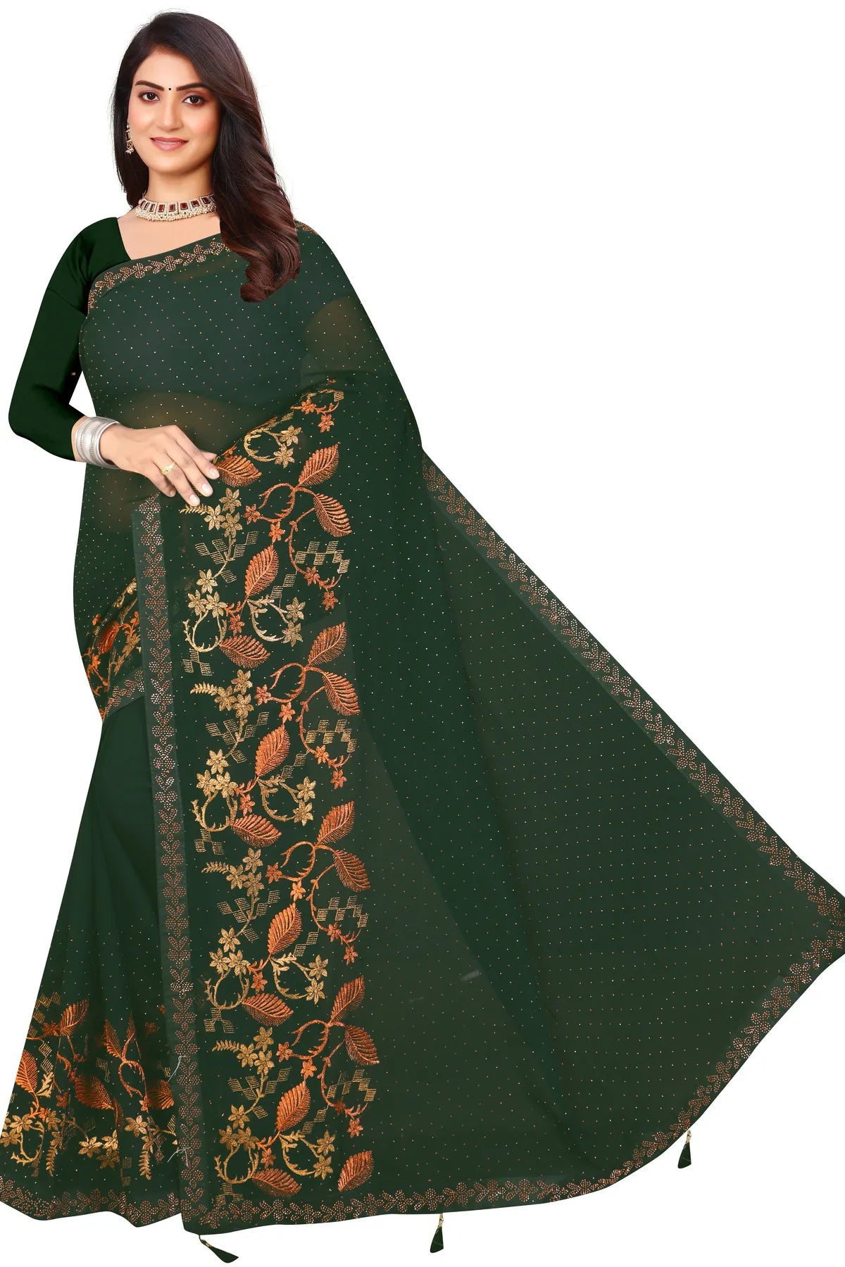 Enchanted Sparkle  Shimmer Chiffon Sarees - SAREE D16-Green