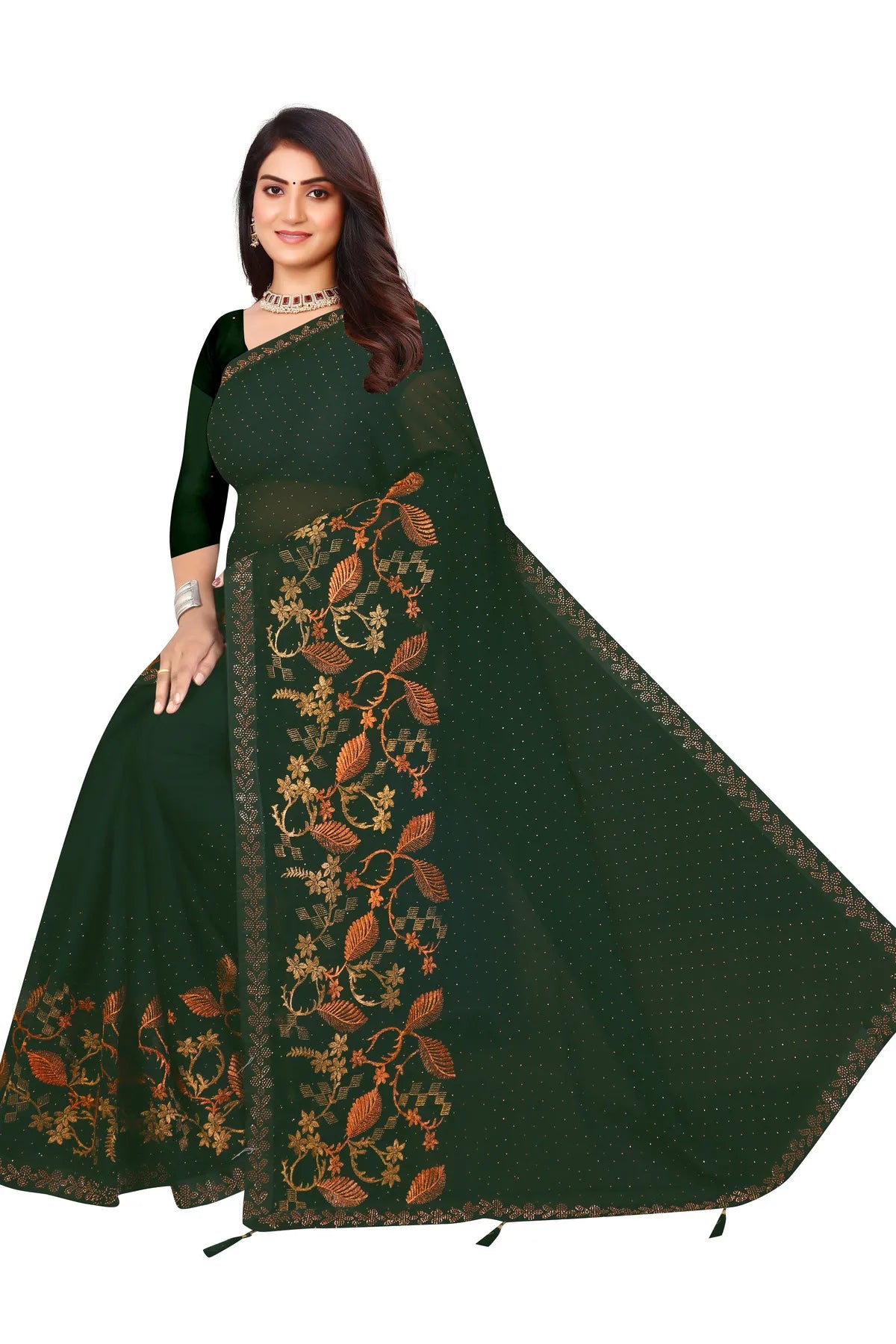 Enchanted Sparkle  Shimmer Chiffon Sarees - SAREE D16-Green