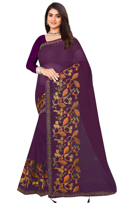 Enchanted Sparkle  Shimmer Chiffon Sarees D16-Purple