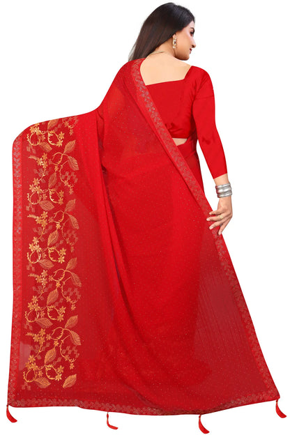 Enchanted Sparkle  Shimmer Chiffon Sarees -SAREE D16-Red