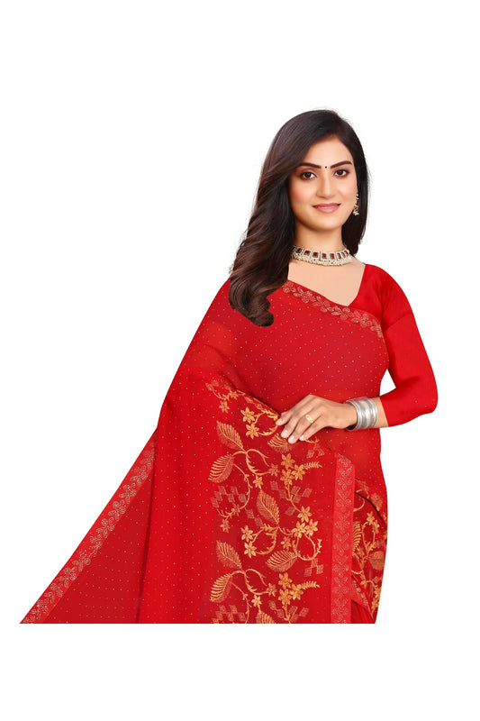 Enchanted Sparkle  Shimmer Chiffon Sarees -SAREE D16-Red