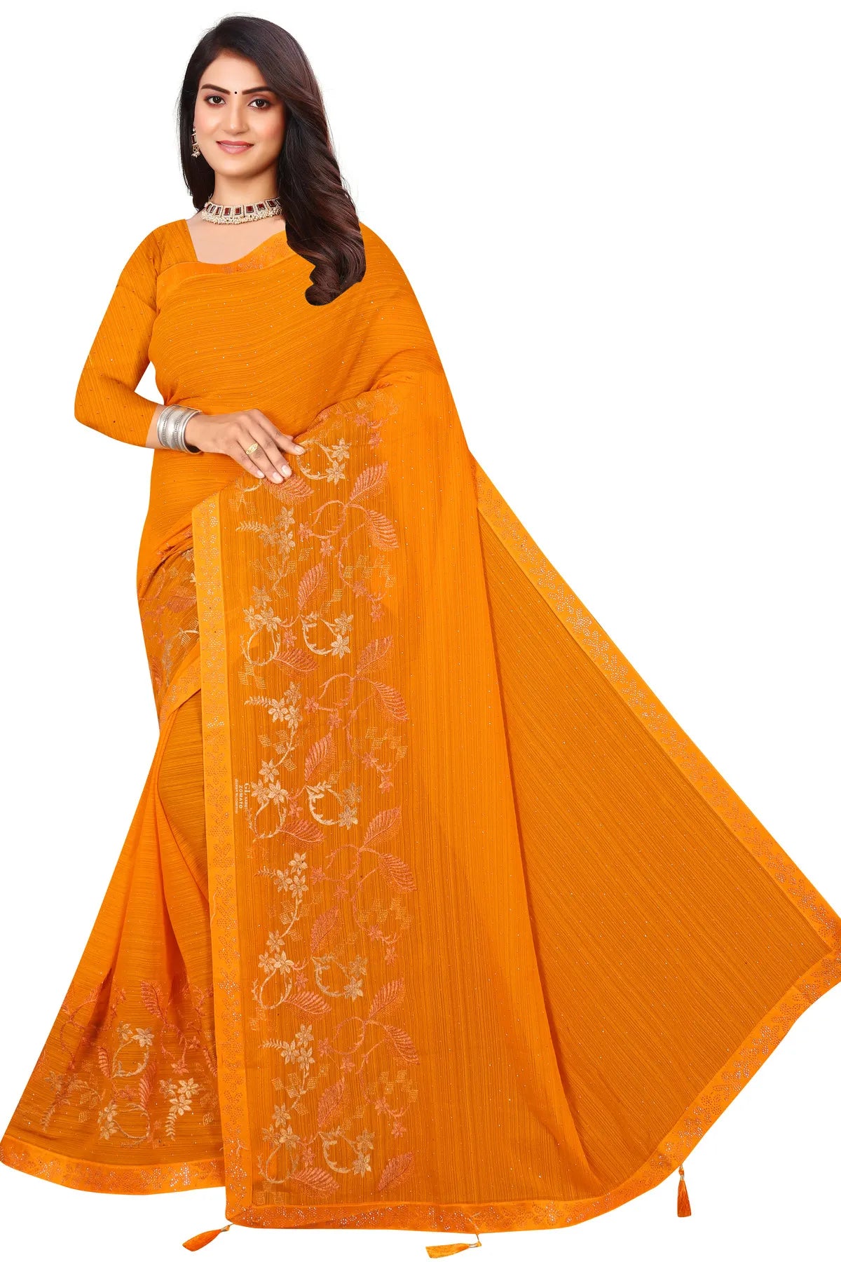 Enchanted Sparkle  Shimmer Chiffon Sarees D16-Yellow