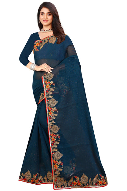 Enchanted Sparkle  Shimmer Chiffon Sarees -SAREE D18-Blue