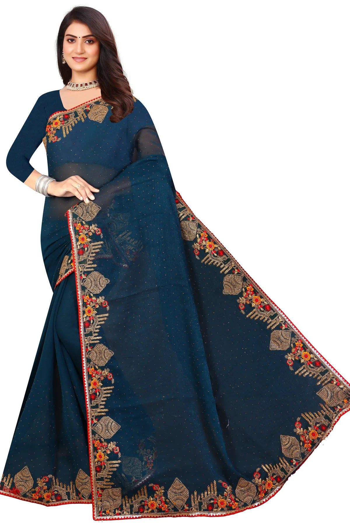 Enchanted Sparkle  Shimmer Chiffon Sarees -SAREE D18-Blue