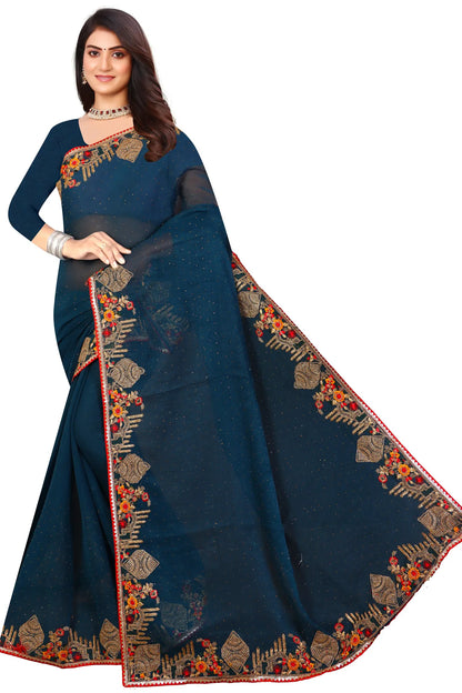 Enchanted Sparkle  Shimmer Chiffon Sarees -SAREE D18-Blue