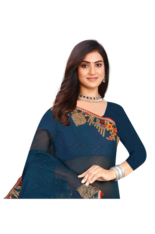 Enchanted Sparkle  Shimmer Chiffon Sarees -SAREE D18-Blue