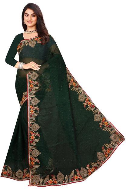 Enchanted Sparkle  Shimmer Chiffon Sarees -SAREE D18-Green