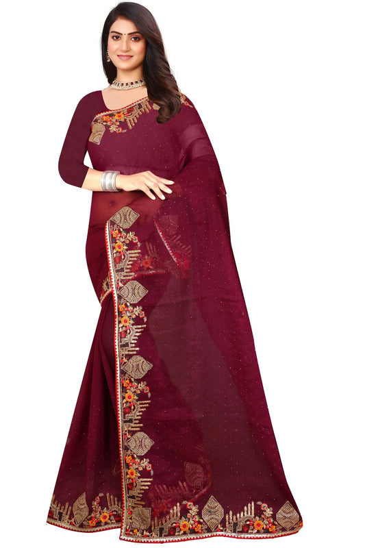 Enchanted Sparkle  Shimmer Chiffon Sarees -SAREE D18-Purple
