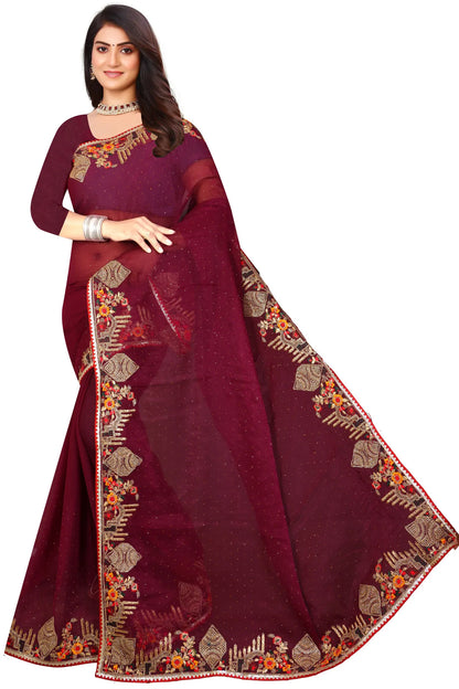 Enchanted Sparkle  Shimmer Chiffon Sarees -SAREE D18-Purple