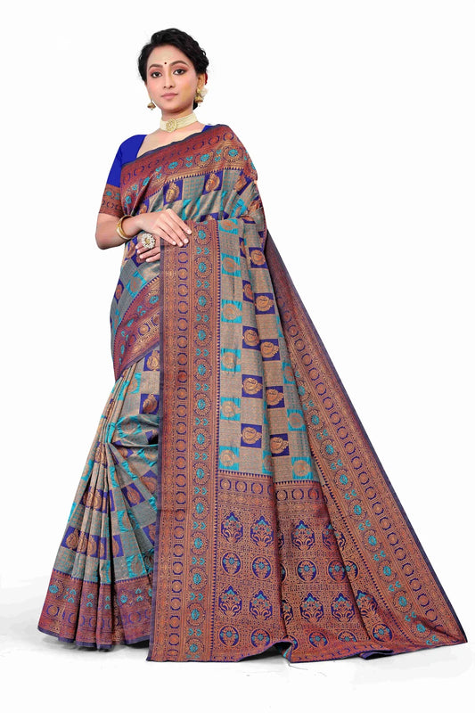 Glimmering Threads: Exquisite Silk Sarees for Women's (SAREE D2-BLUE)