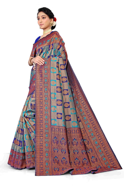Glimmering Threads: Exquisite Silk Sarees for Women's (SAREE D2-BLUE)