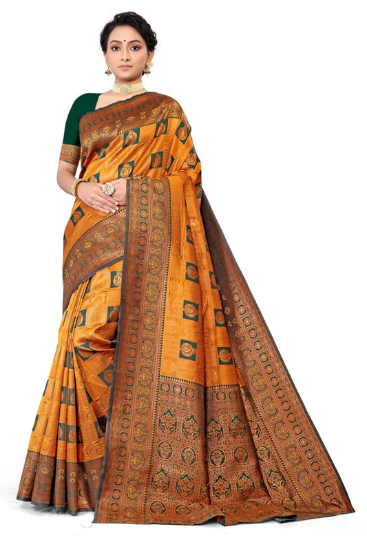 Glimmering Threads: Exquisite Silk Sarees for Women's (SAREE D2-YELLOW)