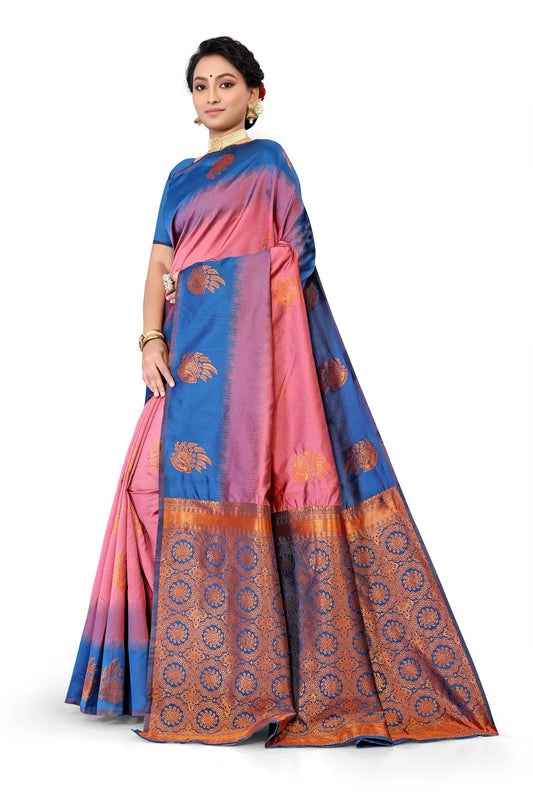 Glimmering Threads: Exquisite Silk Sarees for Women's (SAREE D3-BLUE-PINK)