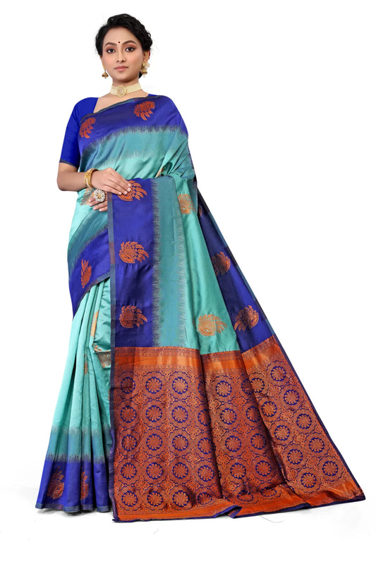 Glimmering Threads: Exquisite Silk Sarees for Women's (SAREE D3-BLUE-SEA BLUE)