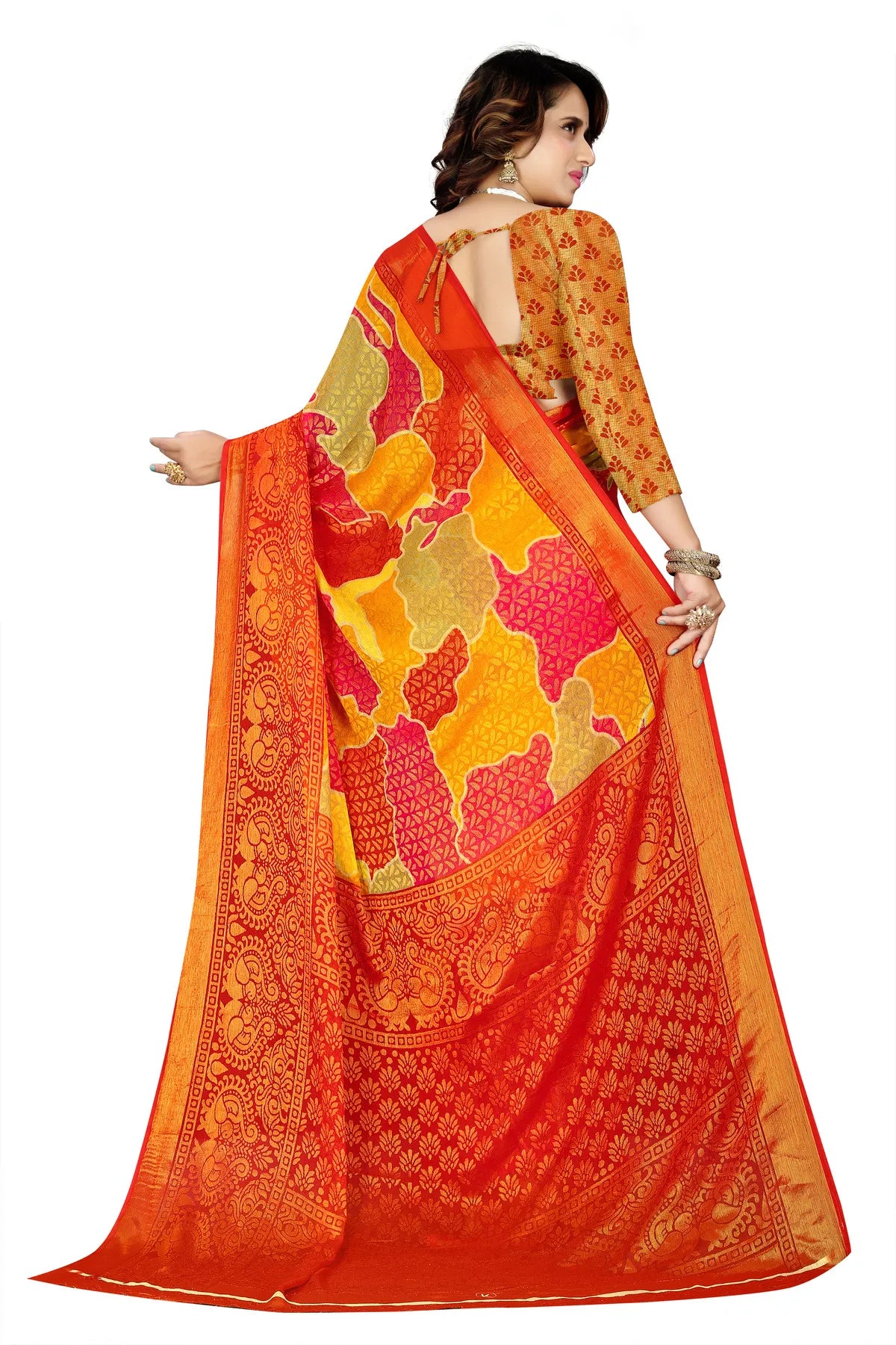 Glimmering Threads: Exquisite Silk Sarees for Women's (SAREE D5-YELLOW-RED)